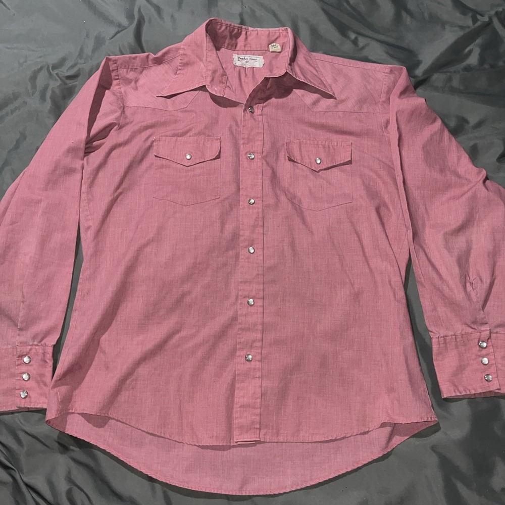 Vintage Border Town Western Wear‎ Pearl Snap Button Up Shirt Long Tail Form Fit
